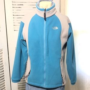The North Face womens fleece zip front lightweight jacket in bright blue & gray
